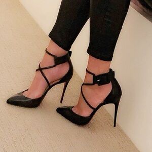 Christian Louboutin Shiny Nappa Black Suzanna Ankle Strap Heels 100mm Pump 40